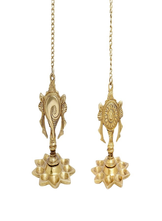 CRAFTHUT Brass Hanging Diya Nila Vilakku, Gada Chakra Gada Chakra Padmanabha Swami Vishnu Tirupati with 9 Diya Slots - Weight - 1.4 Kgs, Set of 2 - Image 1